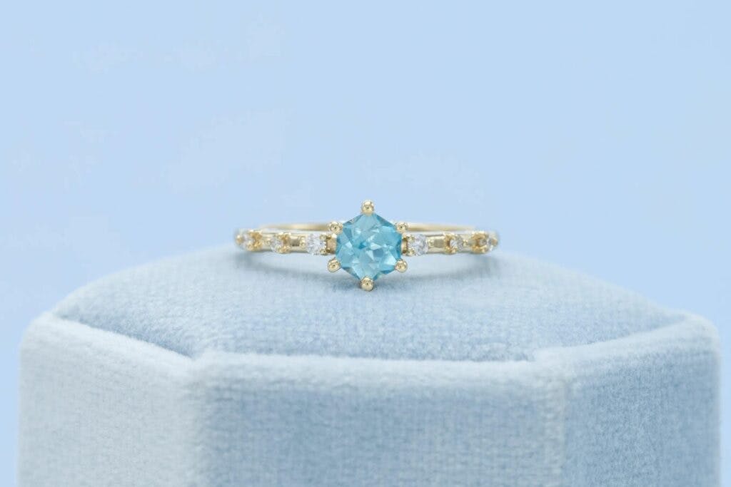 blue zircon engagement ring - six-prong setting